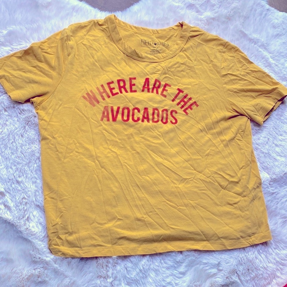 Where are the Avocados? Funny graphic crop top in size large. Cute Millennial.